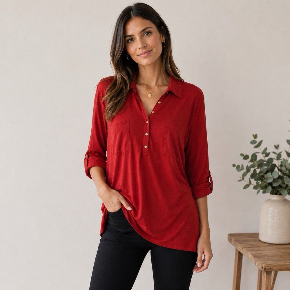 Chicos NWT Woven Detail Knit Top Blouse Red Classic Minimalist Career Sz XXL